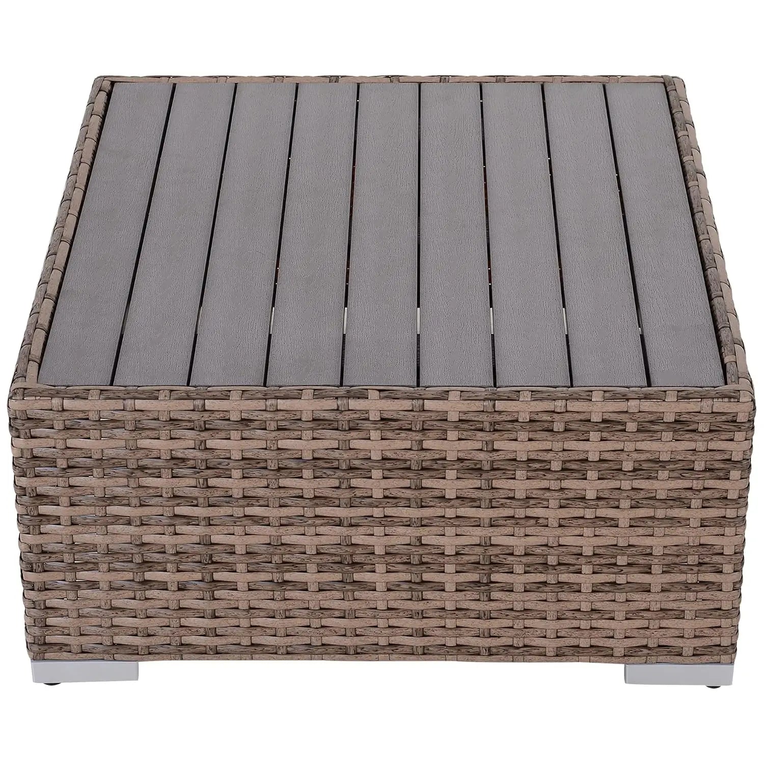 brown woven wicker coffee table with gray slatted top as part of patio furniture set and 7 piece gray wicker sectional furniture set