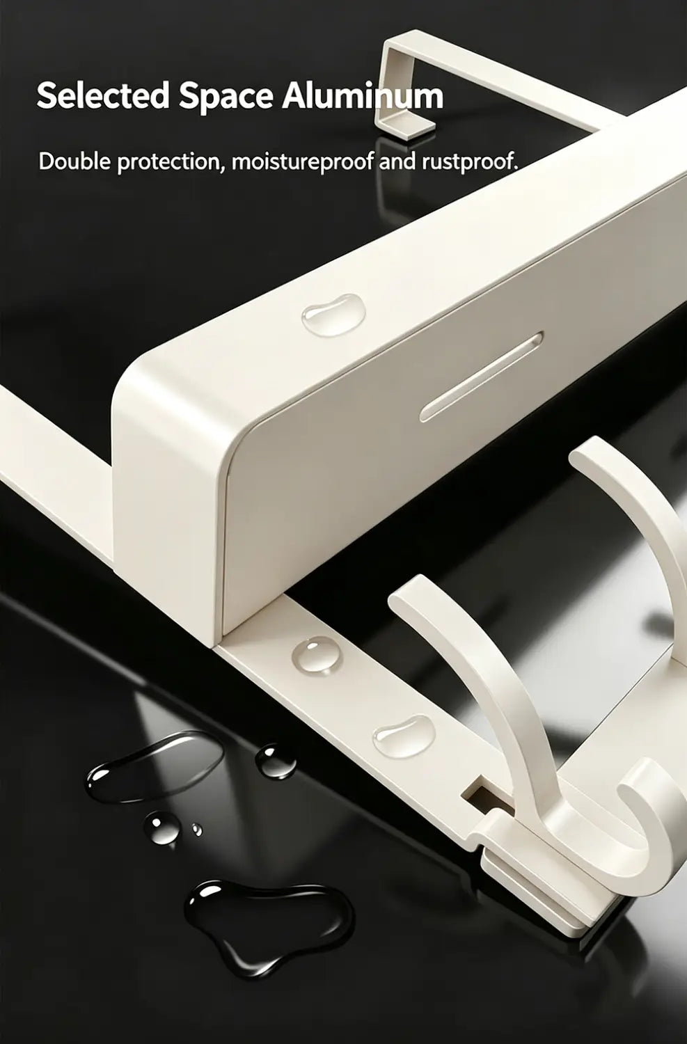 White aluminum over door organizer with shelf and sleek curved hooks featuring a modern design for efficient space saving storage.