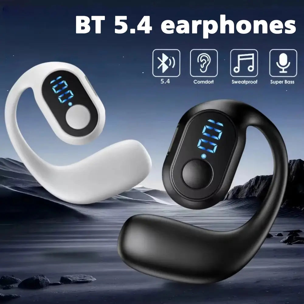 Écouteurs Bluetooth sans fil à crochet pour oreille noir et blanc, avec affichage numérique LED, indiquant l’heure ou le niveau de batterie en lumière bleue, et crochets incurvés pour un ajustement sécurisé
