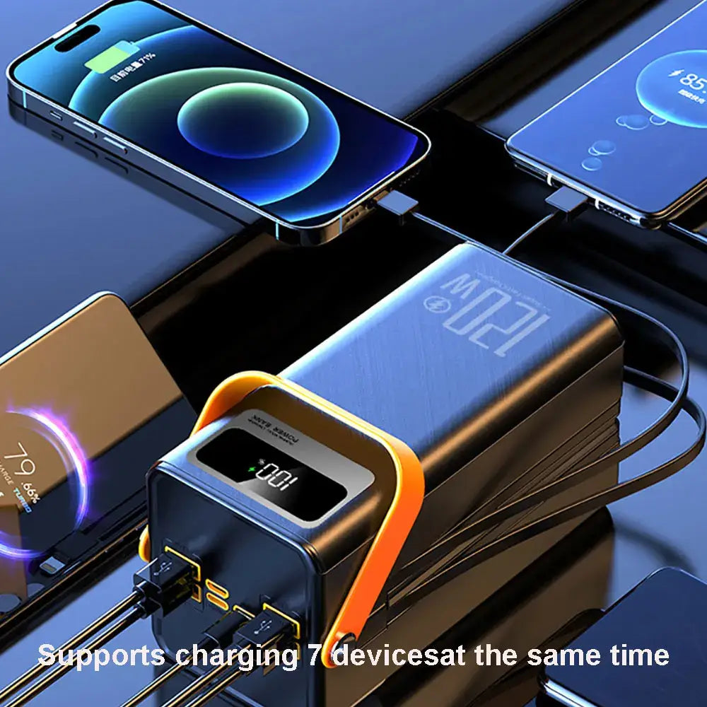 black and orange 60000mah 120w portable power bank with led lantern featuring a digital display showing 100% charge and micro input 5v2a for efficient charging.