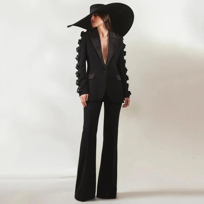 New Autumn Formal Suit Set Female Clothes ,Slim Fit Floral 3D Flower Collar , Womens Sets Two Piece Pants Suit