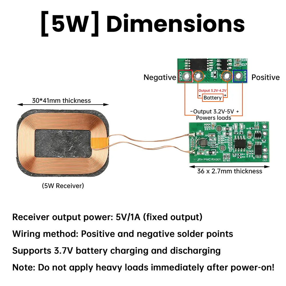 5w wireless charging receiver module for 3.7v battery featuring a black circuit board and copper coil shown from the back side.