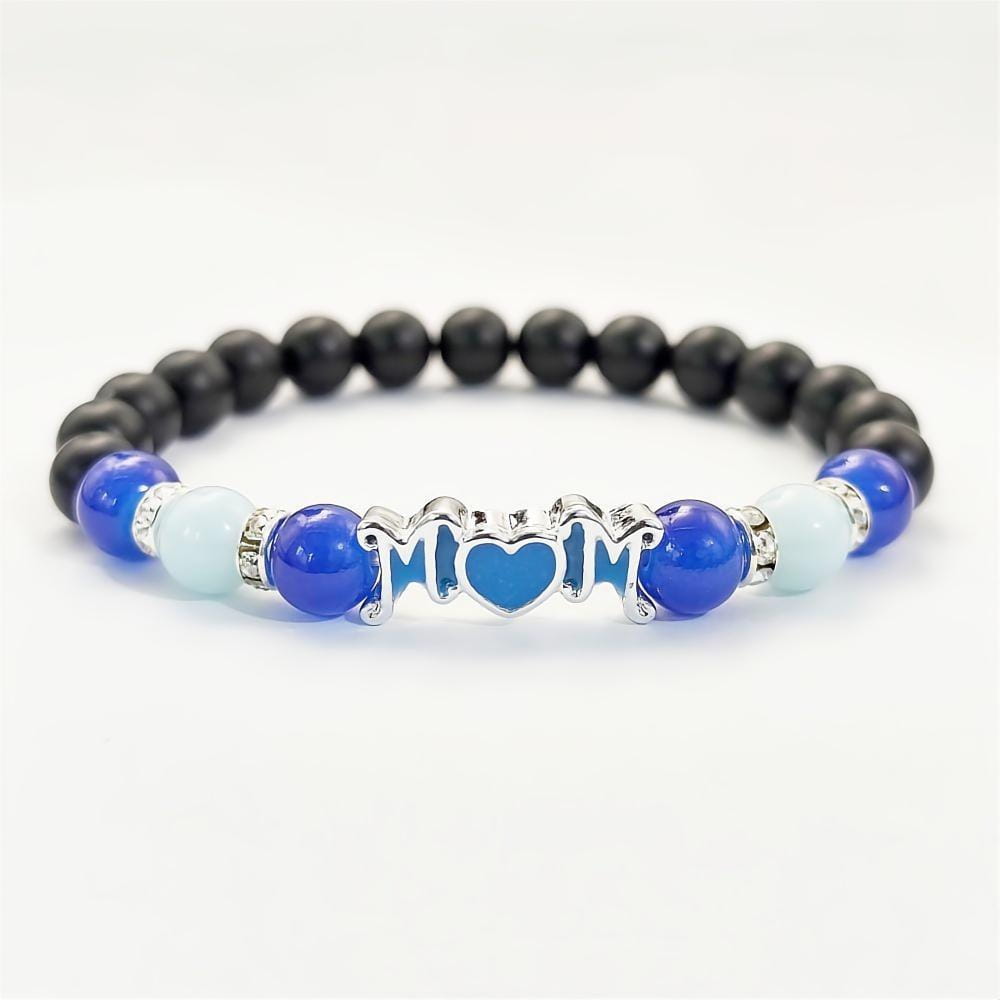 Pulsera para madre con cuentas azul y negras con brillo en la oscuridad, con un dije plateado para mamá con diseño de corazón, para joyería de regalo para mamá.
