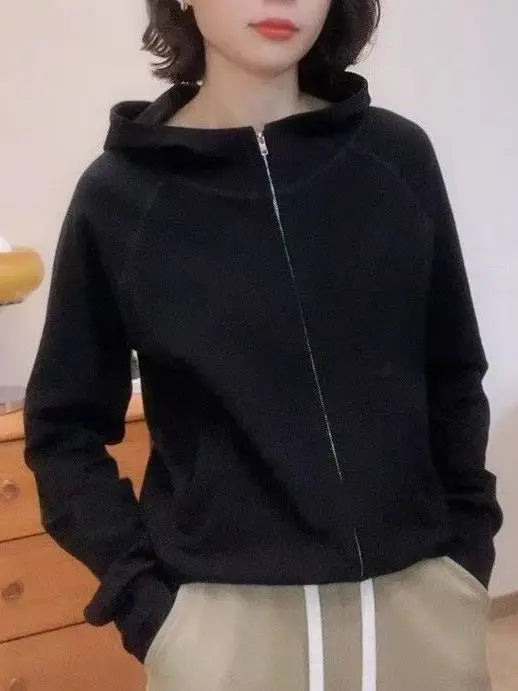 Women's Hoodie Sweatshirt Loose Fit Zipper Cardigan Pure Color Casual Fashion Spring Autumn Korean Style Breathable Comfortable