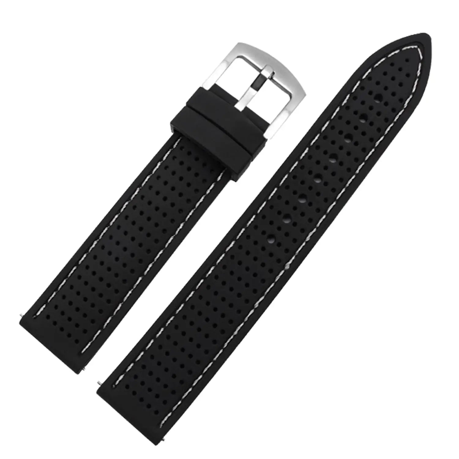 Schwarzes perforiertes Silikon-Uhrenarmband mit weißer Steppnaht und schnallenartigem Verschluss in Silberton, erhältlich in 20 mm, 22 mm und 24 mm Schnellverschluss-Größen