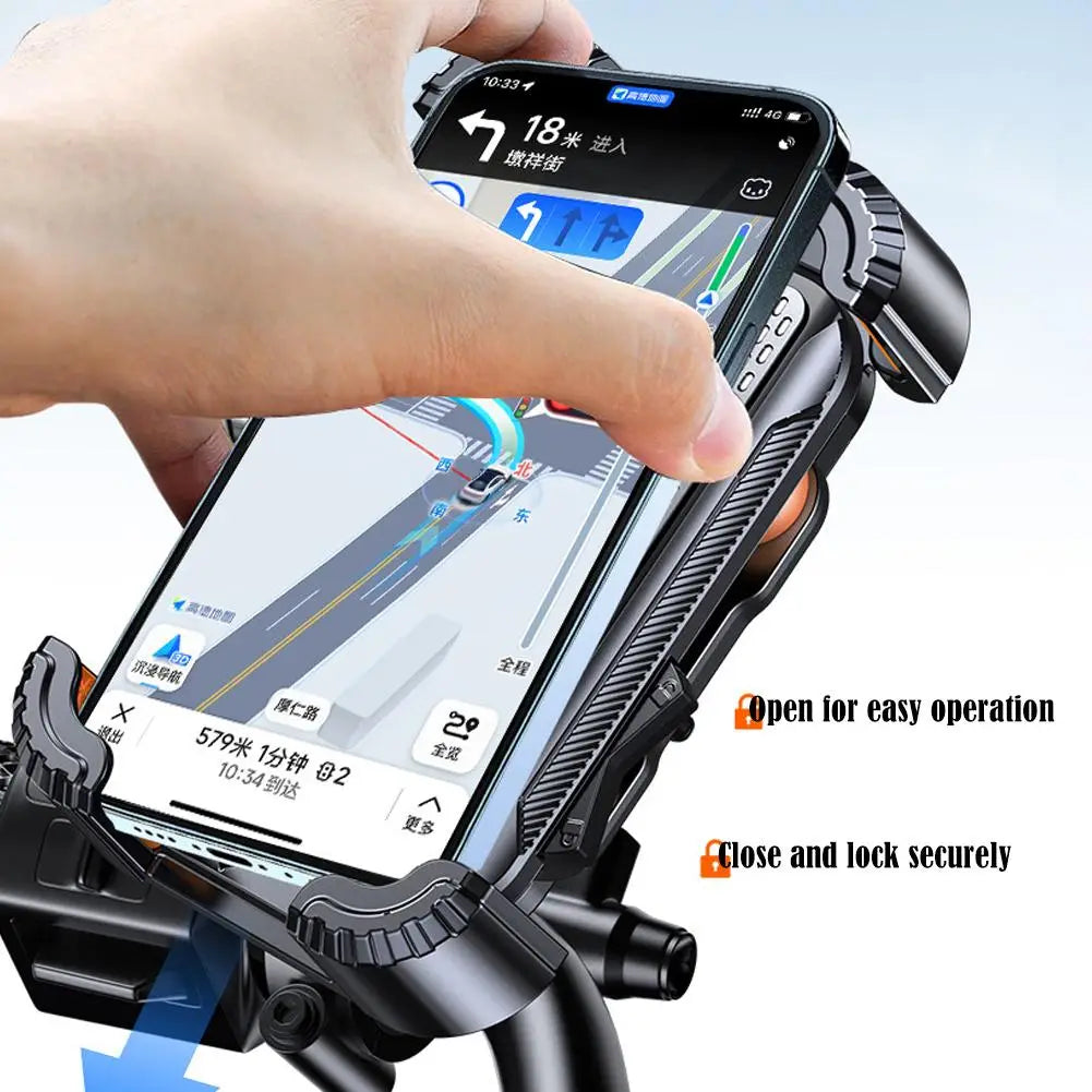 Schwarz robuster Motorrad-Phonehalter mit strukturierter Griffoberfläche und verstellbaren Klammern, ausgelegt für stoßdämpfende Stabilität während der Fahrten.