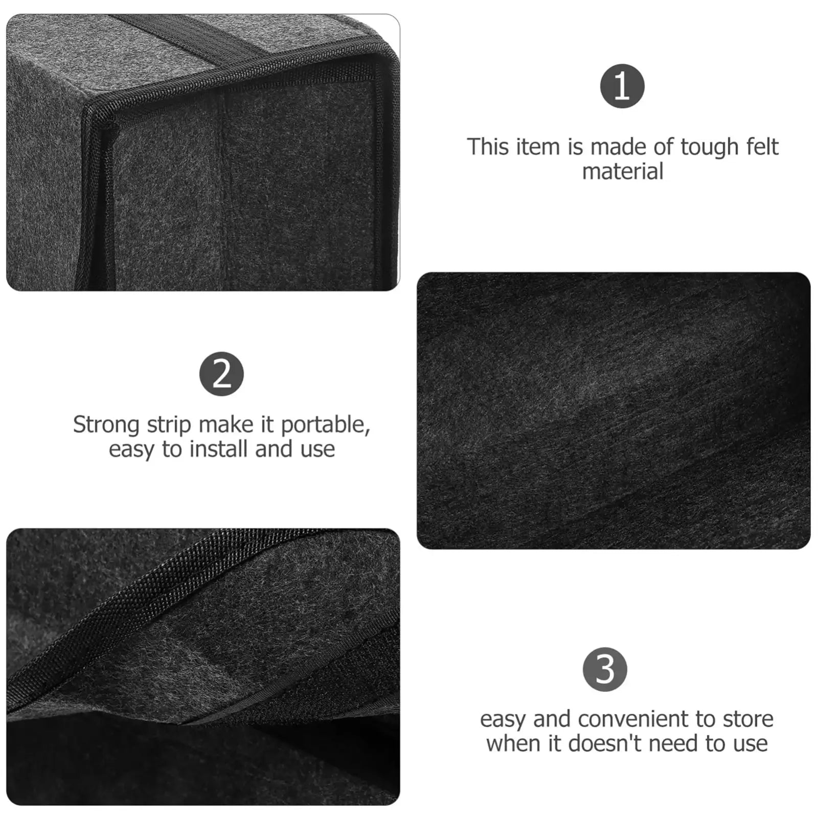 Black felt storage bag with reinforced zipper and carrying strap for car trunk organizer 50cm x 24cm size