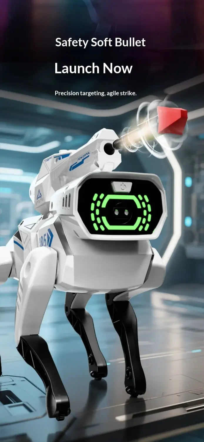 Interactive robotic dog toy in white and black with green glowing led eyes and voice control designed to fire a soft bullet.