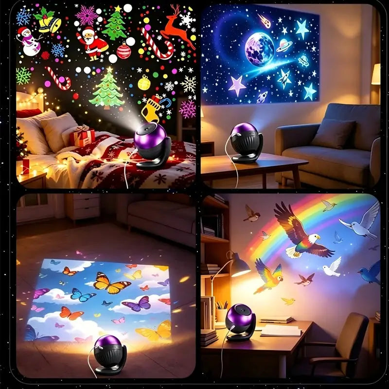 Purple and black spherical led projector light with a glossy finish designed to cast colorful festive and kids gift patterns onto walls and floors.
