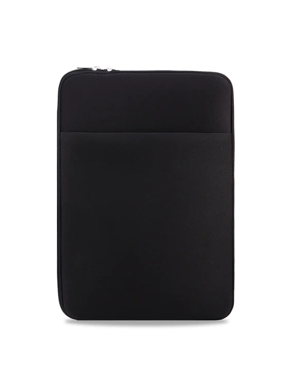 Schwarze Neopren-Multifunktions-Laptoptasche für Laptops von 11 bis 17 Zoll mit silbernem Reißverschluss und einem Frontfach.