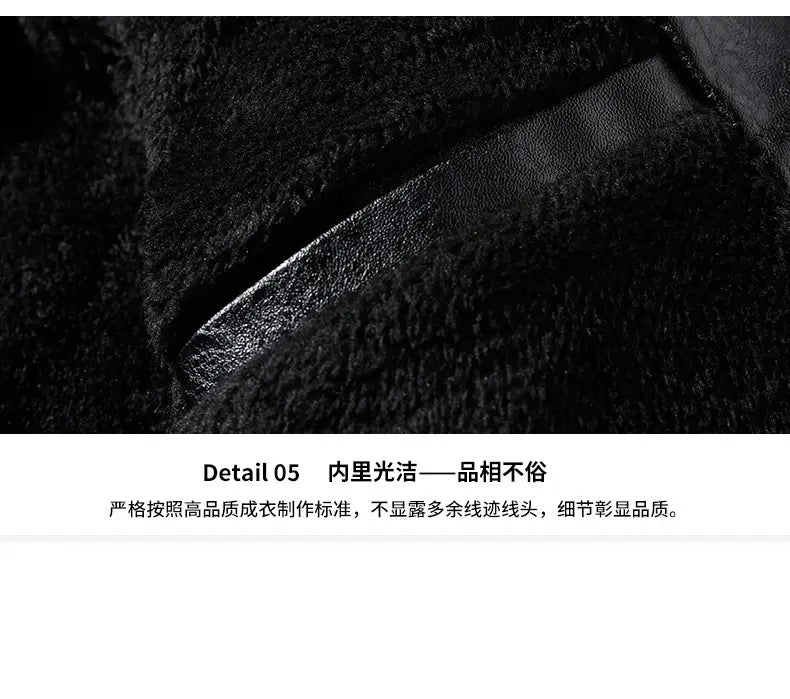 Men faux leather motorcycle winter bomber jacket interior showing black faux fur lining with smooth glossy black leather trim.
