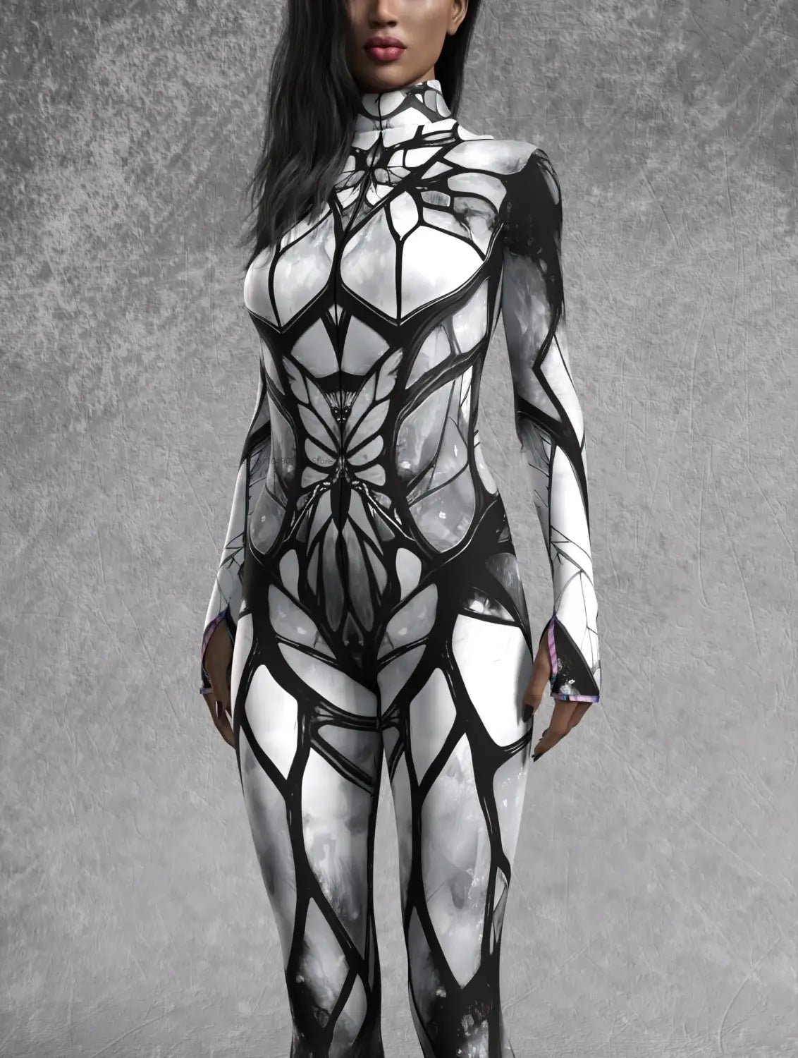 Body ceñido de cuello alto en blanco y negro, con un patrón geométrico de telaraña que se asemeja a un diseño intrincado de mariposa.