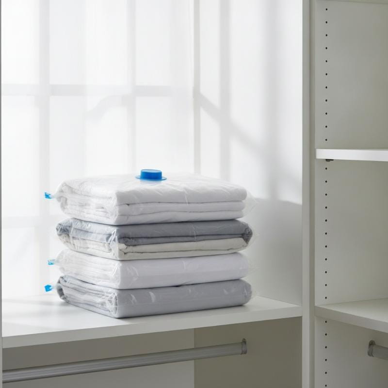 stack of white and gray vacuum storage bags with blue caps made from pa+pe material in a 5 pack set