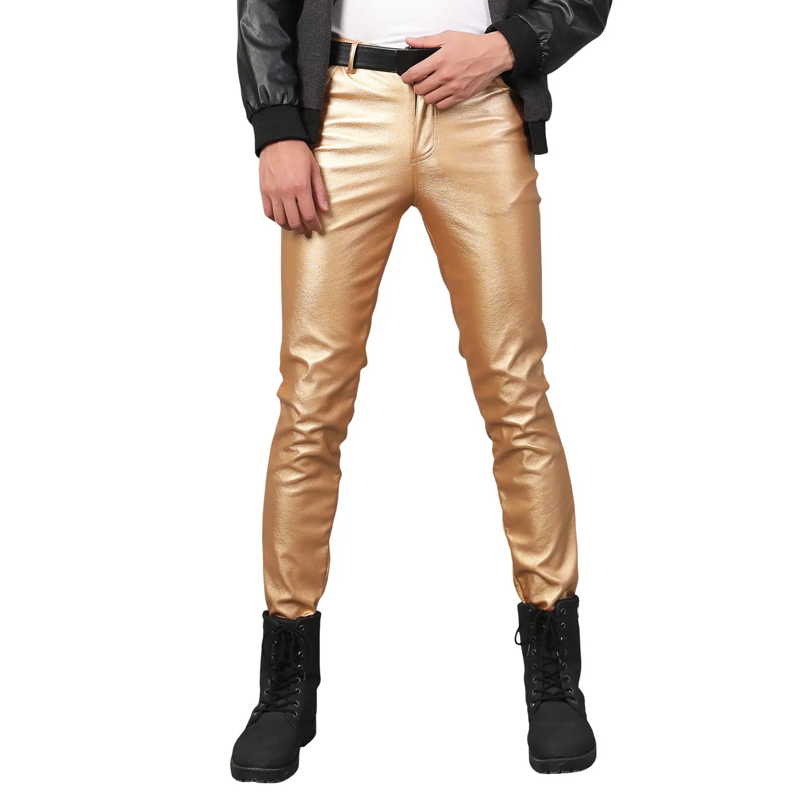 Pantalones ajustados para hombre de piel sintética en color dorado metalizado brillante, con diseño de corte slim adecuado para ropa de club.