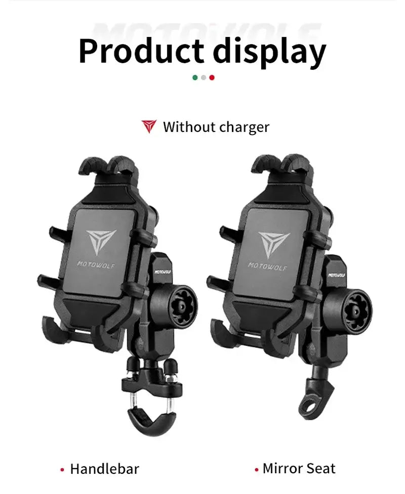 black plastic motorcycle wireless charging phone mount with triangular logo and adjustable clamps for handlebar or mirror seat attachment shown from the back side