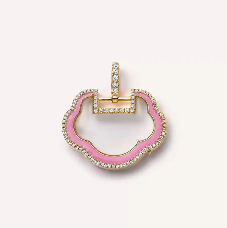 Collier pendentif à chaîne en or, fin, ouvert, avec émail rose et diamants incrustés, pour femmes et jeunes filles, style simple, en forme de nuage, avec un fermoir ornementé.