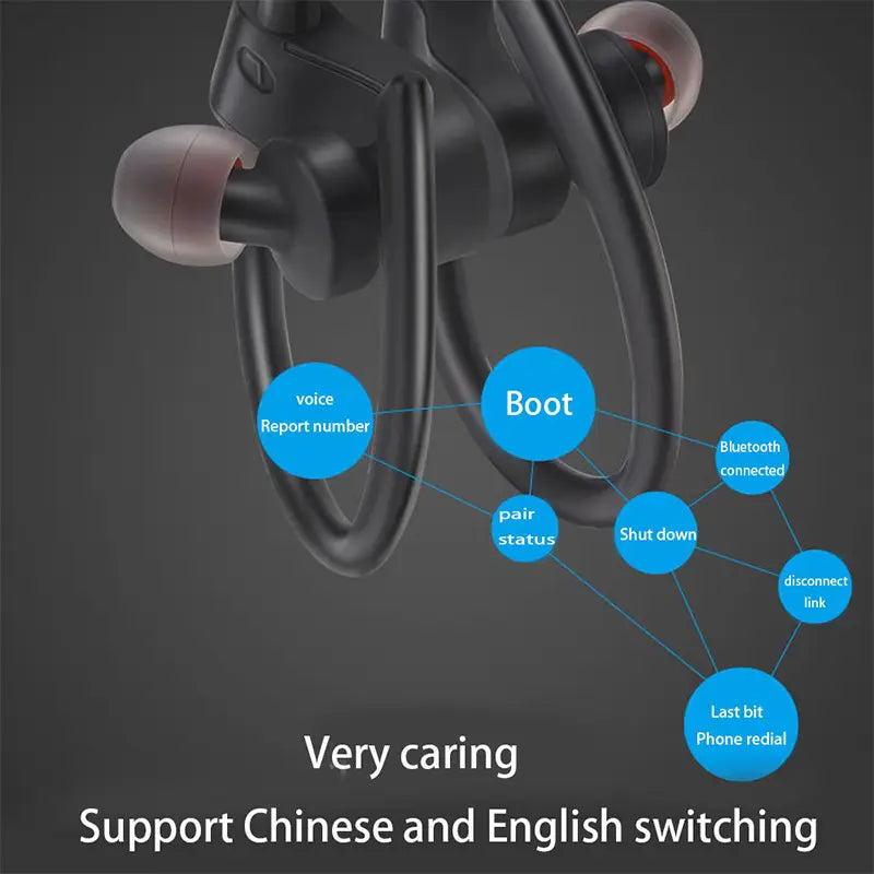 black wireless sport earhooks bluetooth headphones with translucent red silicone ear tips and a sleek ergonomic design
