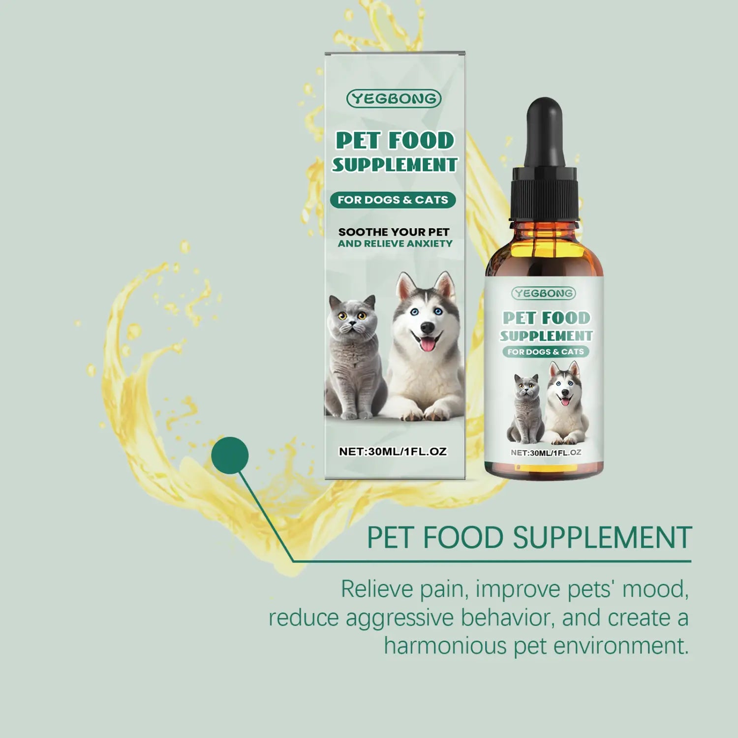 Yegbong pet anxiety relief drops in an amber glass bottle with a black dropper cap featuring labels with cat and dog images for calming dogs and cats.
