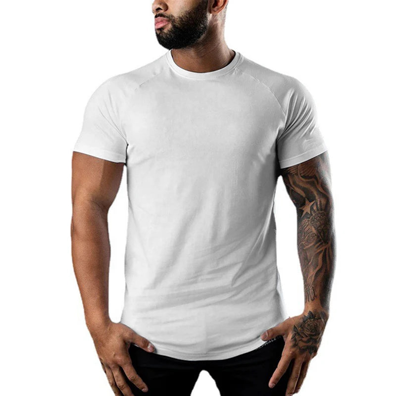 Men's Muscle T Shirts Slim Fit Cotton Short Sleeve O-Neck Raglan Sleeve Solid Tee Tops Gym Workout Bodybuilding Shirt Sportswear