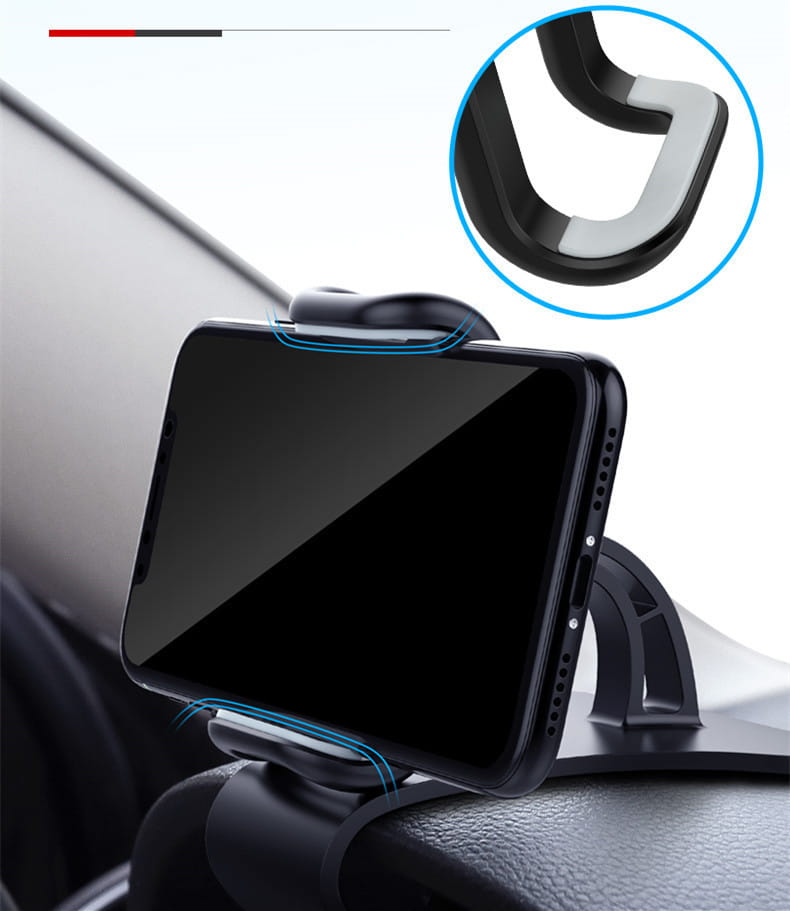 black plastic car phone holder with a curved adjustable clamp design and 360 rotatable dashboard mount universal use