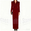 Women's Long Blazer with Black Trim Design Peak Lapel Coat Fashion Double Breasted Formal Elegant Ankle Length Party Prom Jacket