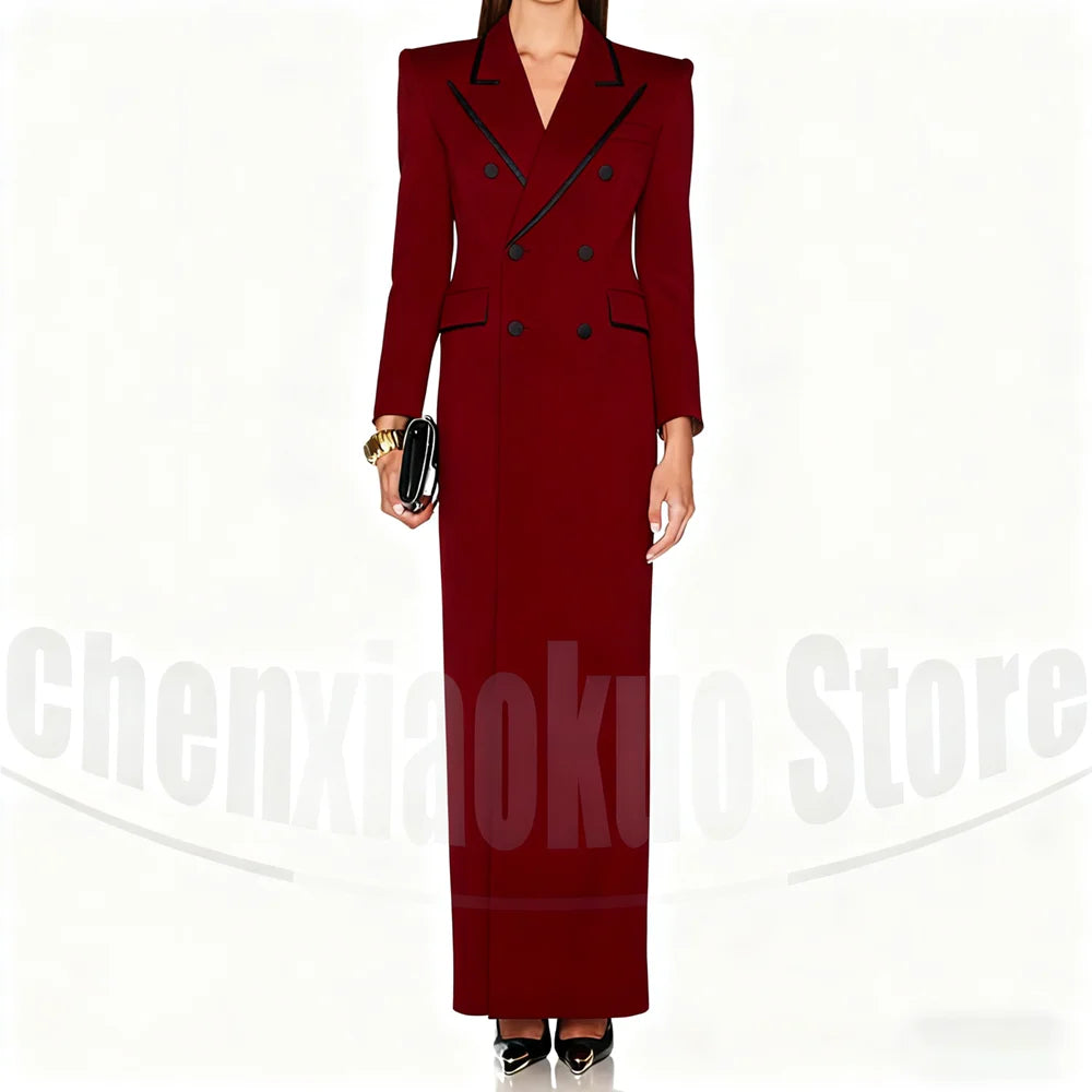 Women's Long Blazer with Black Trim Design Peak Lapel Coat Fashion Double Breasted Formal Elegant Ankle Length Party Prom Jacket