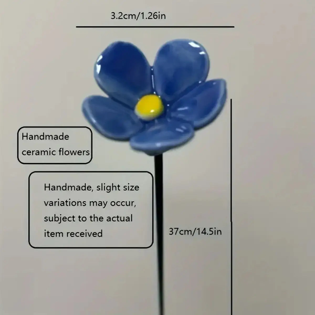 a handmade artificial flower featuring blue ceramic glossy petals and a bright yellow center mounted on a slender black stem ideal for decorating vases