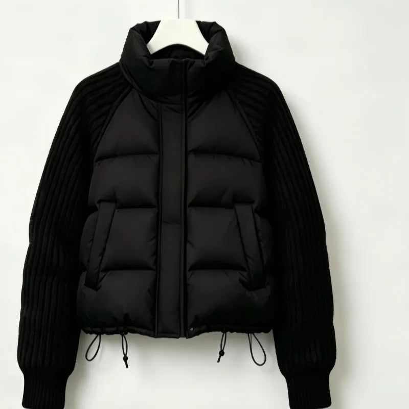 Winter New Women Down Cotton Parkas Jacket Cable Knit Sleeve Spliced Stand Collar Thick Warm Short Coat Petite Ladies Outerwear