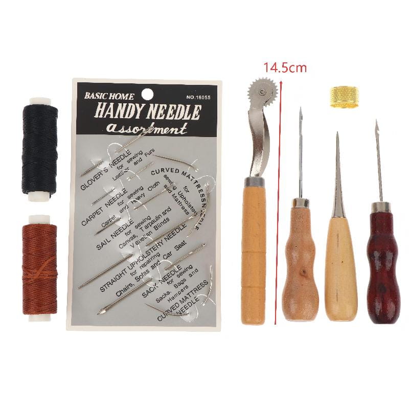 Leather sewing tools kit for diy craft and repair featuring a handy needle assortment kit with assorted sewing needles, multicolored thread spools, and wooden leather tools.