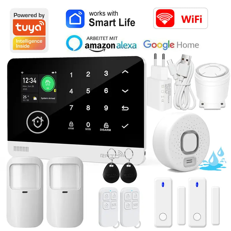 Panneau du système d’alarme de sécurité pour maison intelligente Tuya blanc avec écran tactile et clavier, arborant un design moderne élégant, compatible avec l’application Smart Life.