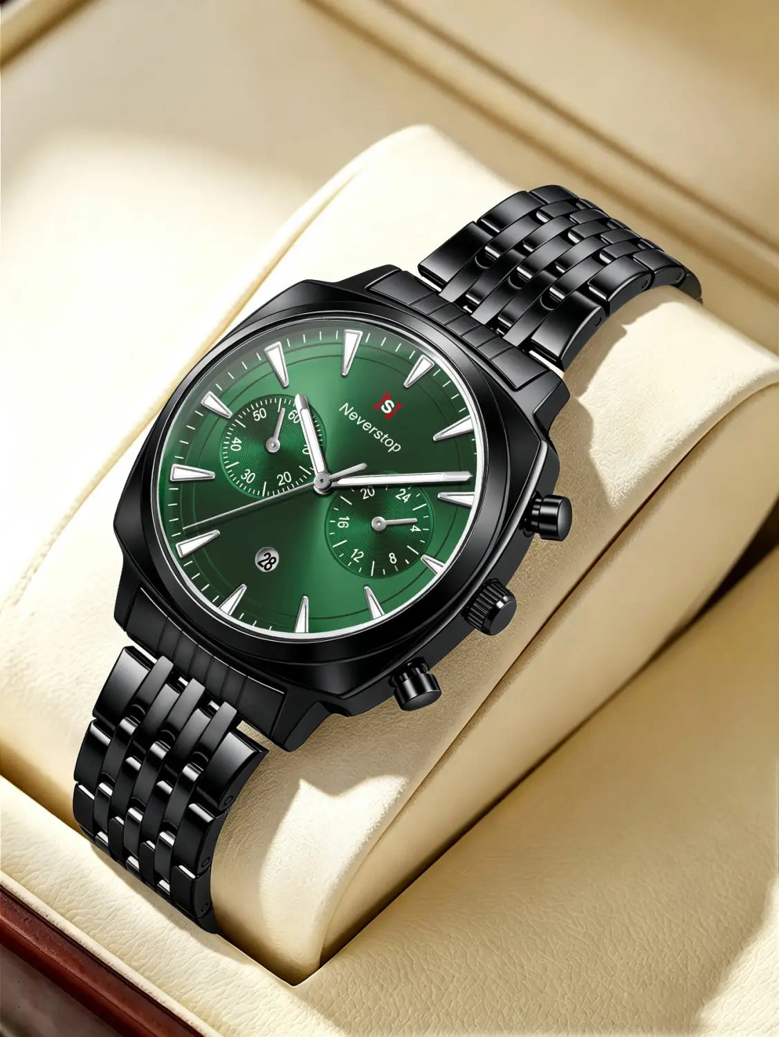 Men’s stainless steel chronograph watch with a sleek black case, vibrant green dial, silver-toned hands, and neverstop brand logo.