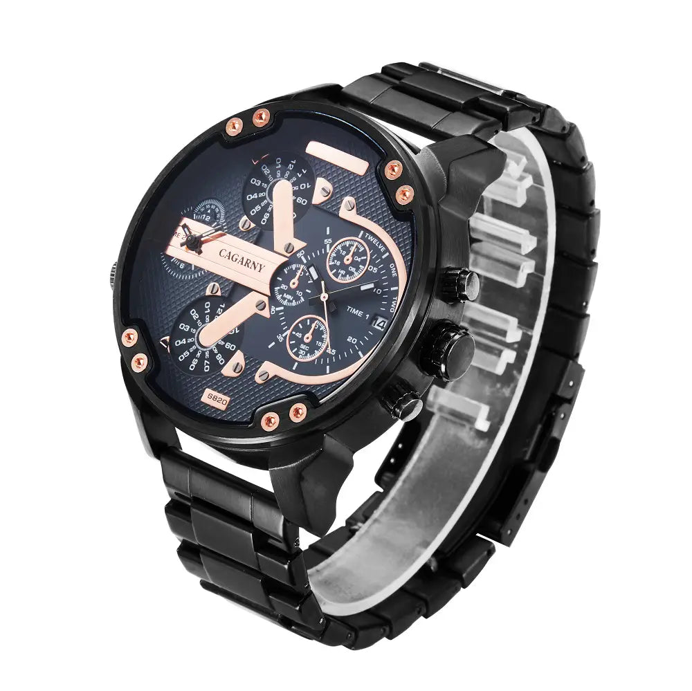 Schwarze Cagary-Chronograph-Dual-Time-Luxus-Uhr aus Stahl mit Quarzwerk für Herren mit roségoldenen Akzenten und Multi-Zifferblatt-Ansicht