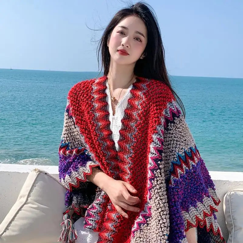 Ethnic Style Cape Oversized Sweater Jacket Women Fashion New Loose Patchwork Warm Long Scarf Knitted Cardigan Woman