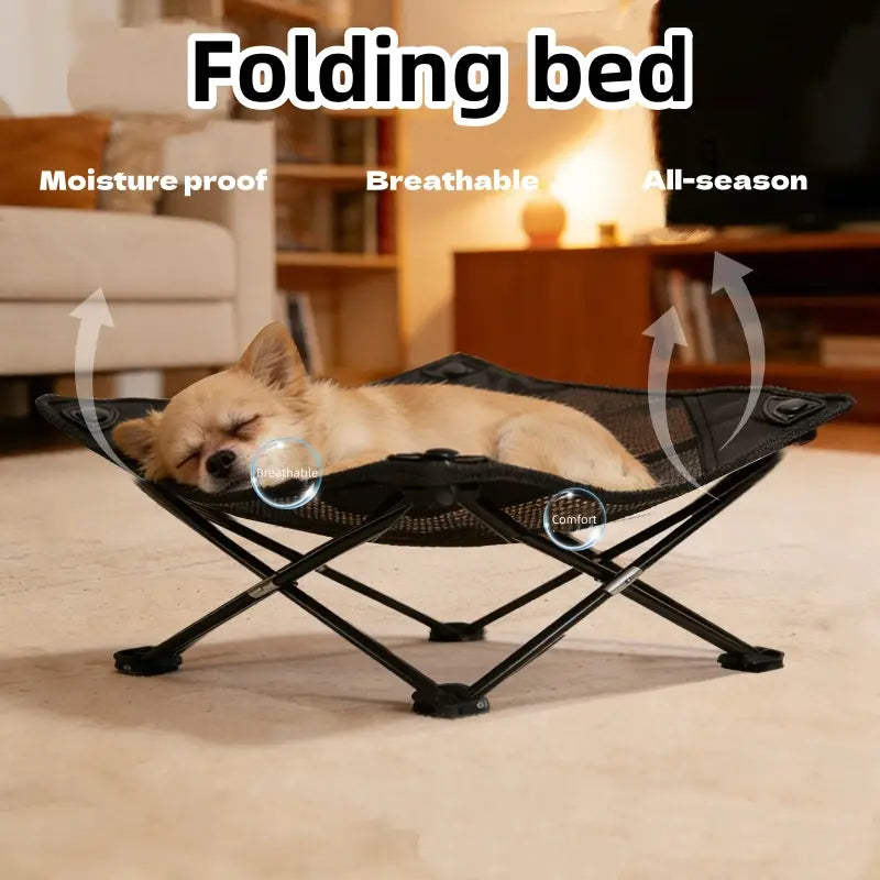 Black folding elevated dog cot with mesh fabric top and metal frame designed for comfort and breathability.