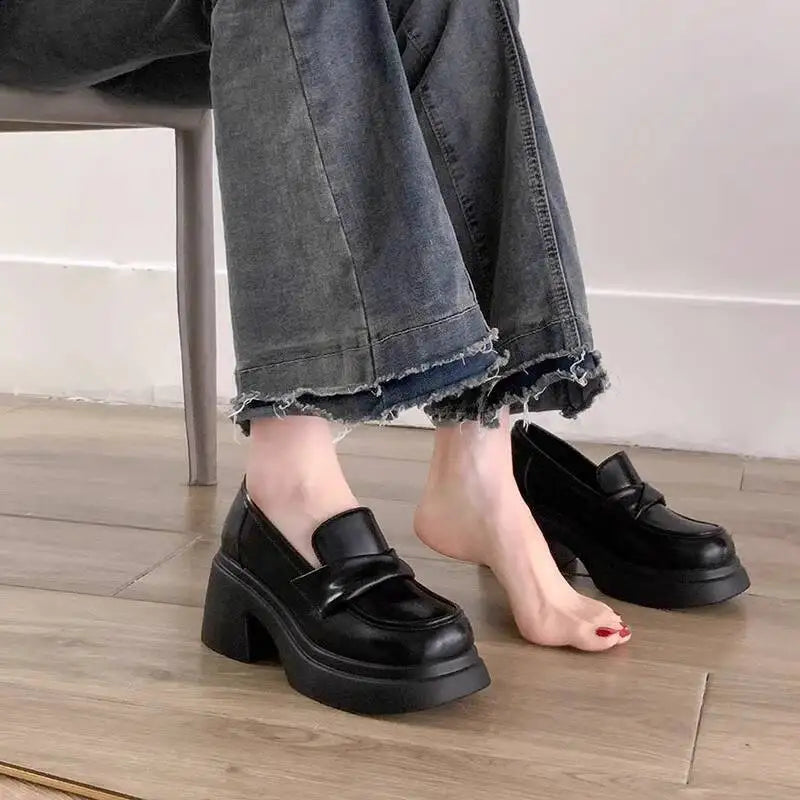 Women Leather Shoes 2026 Spring British Thick Platform Loafers Women's Versatile Chunky Heel Mary Janes Casual Shoes