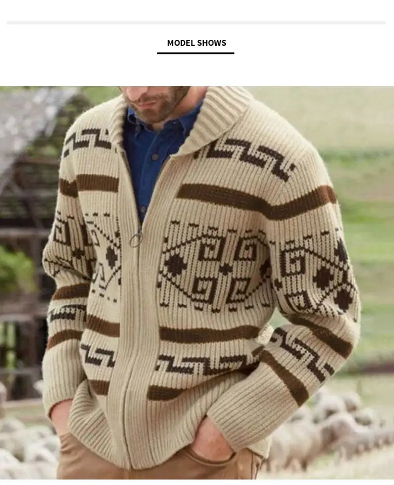 Pull-over cardigan vintage à fermeture éclair géométrique pour homme présentant un tissu en maille à motifs géométriques beige et marron, avec fermeture zippée à l’avant.