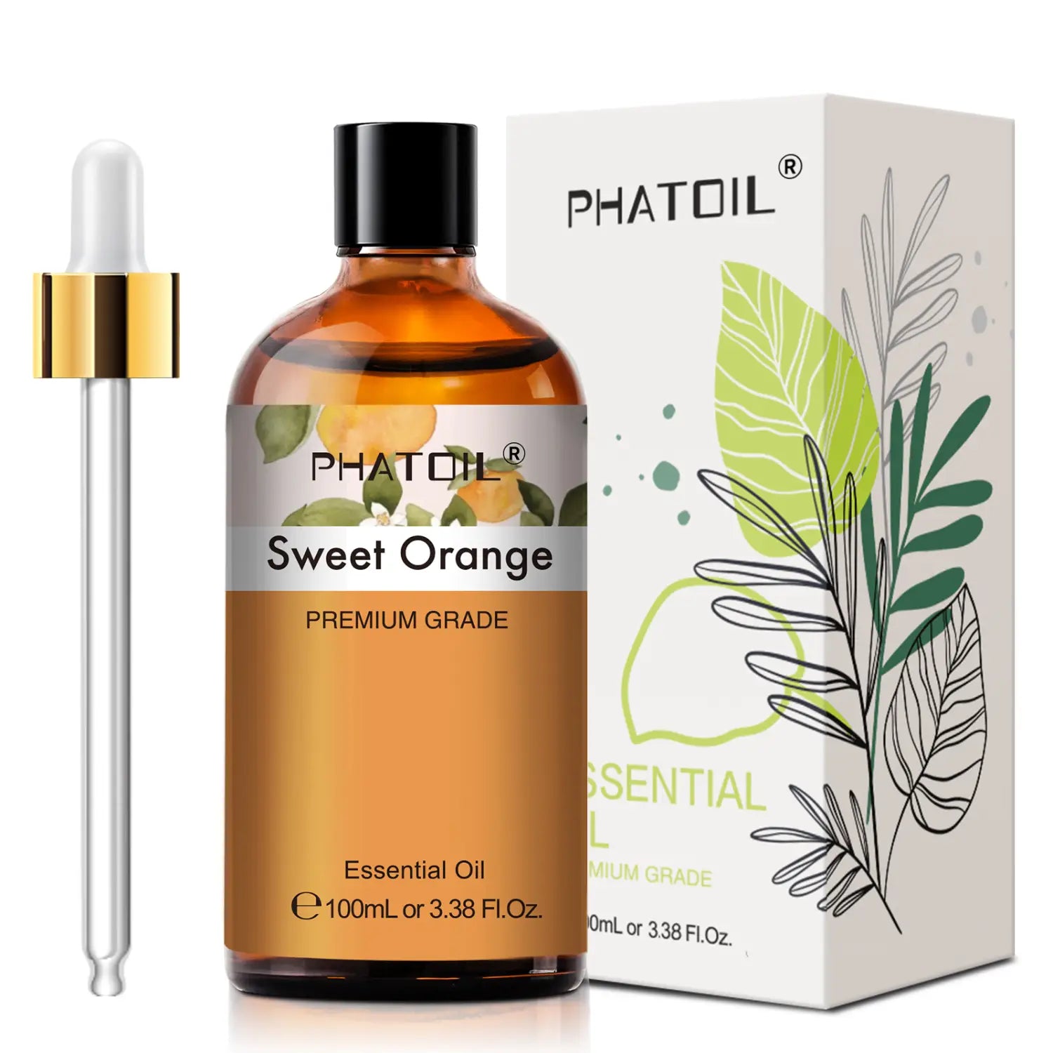 eine klare Bernstein-Glasflasche mit reinem ätherischem Öl Sweet Orange zur Aromatherapie, mit schwarzem Deckel und goldakzentuierter Pipette, die 100 ml ätherisches Öl enthält