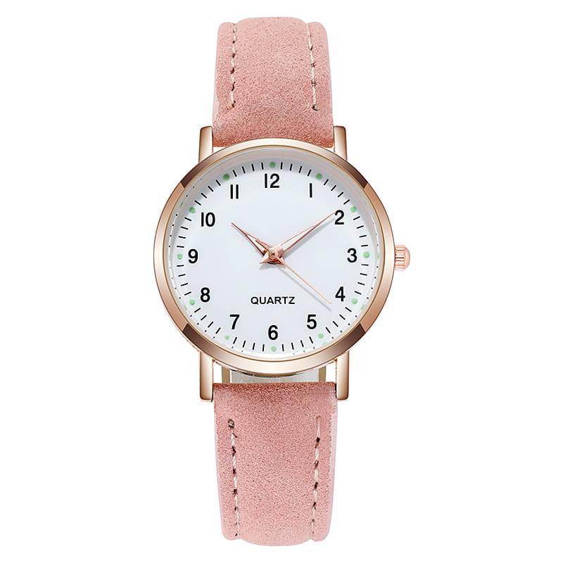A delicate rose gold women leather quartz watch featuring a white dial and a light pink suede leather strap.