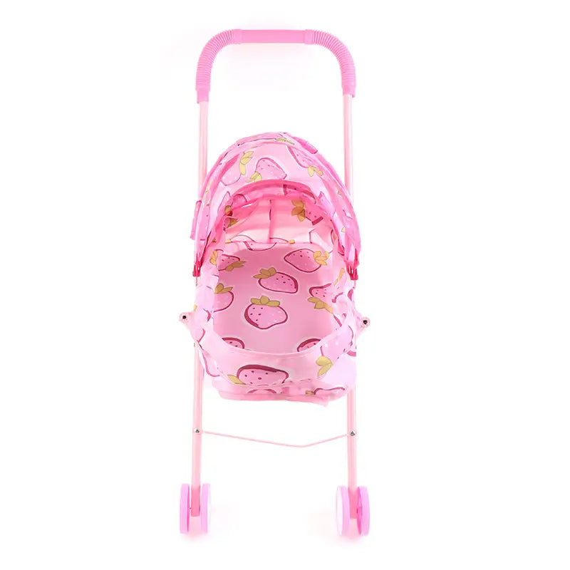 Puppenwagen für 12-Zoll-Babypuppen in Pink mit weichem Stoff-Sonnendach, passendem Erdbeer-Muster-Stoff sowie abgestimmten Rädern.
