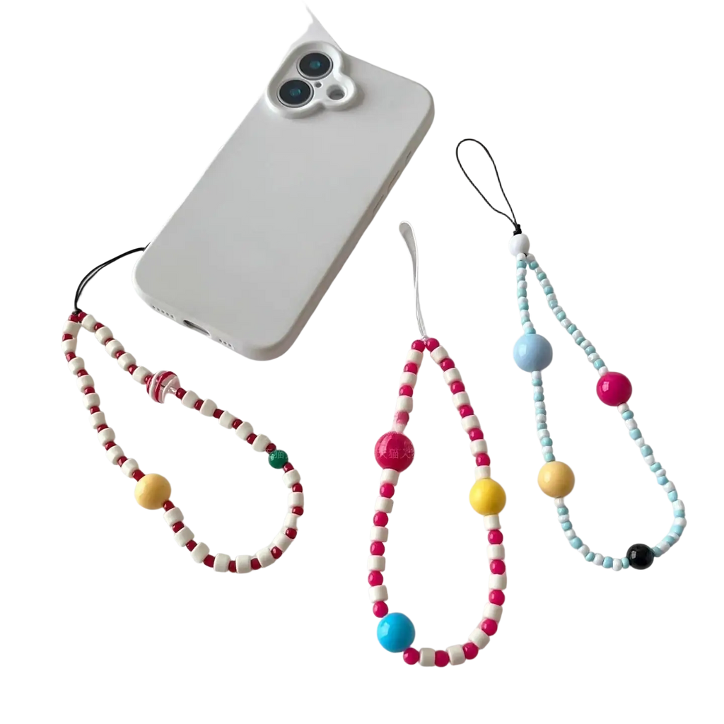 Three colorful beaded ins cute phone wrist straps with black cord loops for attachment shown from front view