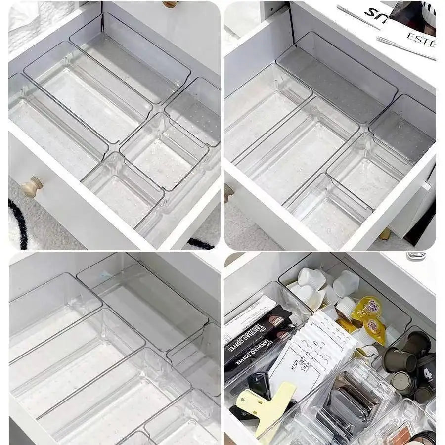 Organizador de maquillaje de plástico transparente y recipiente de almacenamiento para cajones con compartimentos segmentados para un almacenamiento organizado.