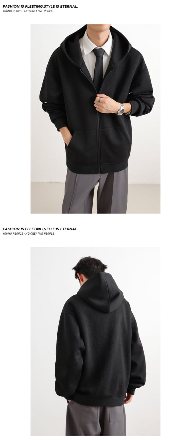 Mens black zip up hooded jacket with a relaxed fit and ribbed cuffs designed for casual urban outerwear.