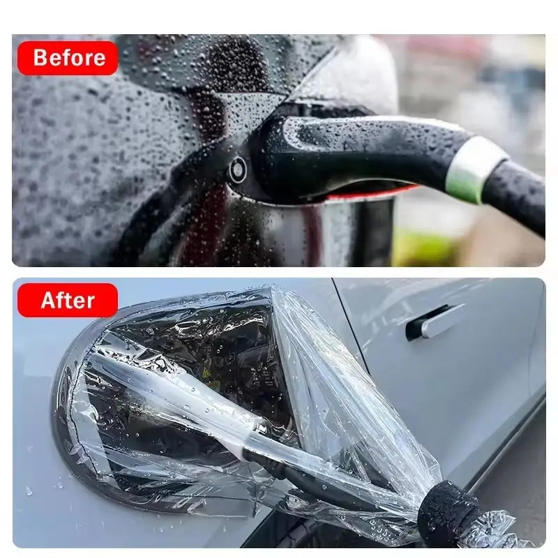 Clear plastic rain cover for car side mirror designed as a magnetic waterproof Ev charger port protector.