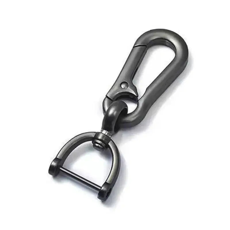 Black metal stainless steel carabiner car keychain with d-ring attachment for secure key organization.