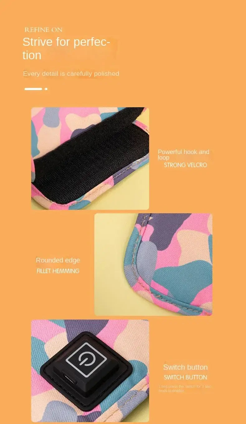 Eine leuchtend pinke, blaue und violette tarnmusterartige Neopren-USB-Tragetasche für Babyflaschenwärmer mit schwarzem Schaltknopf