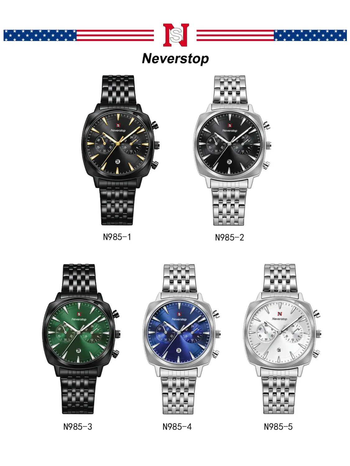 Men’s stainless steel chronograph watch from the neverstop n985 series features a sleek square-shaped case with stainless steel or black-coated metal bracelets and sporty bold green, blue, and silver dials.