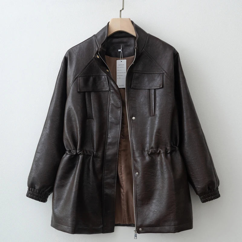 Autumn Winter Pu Leather Jacket For Women Solid Full Sleeve Elastic Adjustable Waist Coat 2025 New Lady Fashion Casual Outwears