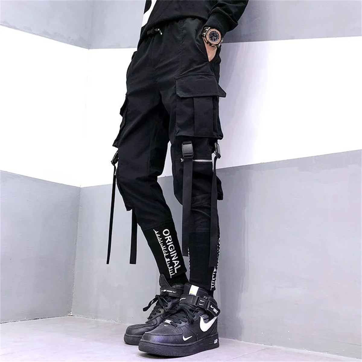 Men's Cargo Pants Casual Hip Hop Hit Color Multiple Pockets Trousers Streetwear Ribbons Techwear Sweatpants Boys