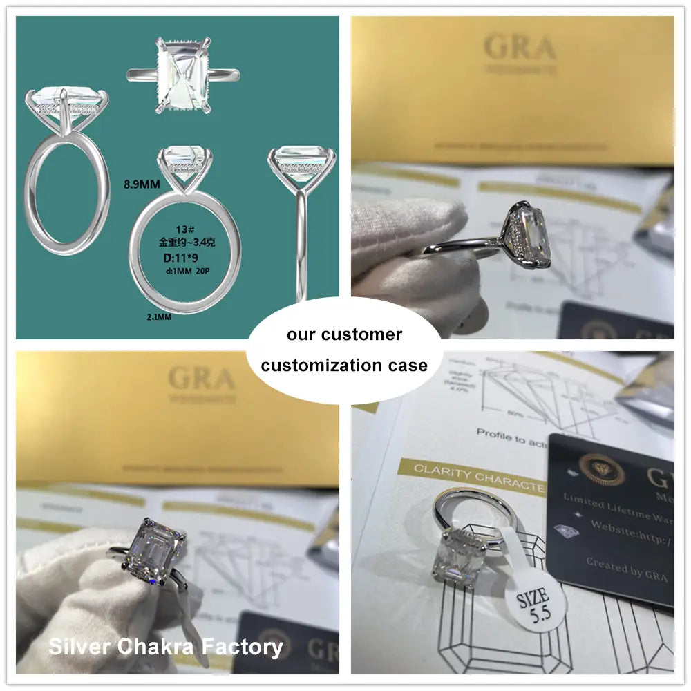 Bague de fiançailles sur mesure à ton argent, avec un diamant à taille émeraude dans un sertissage à quatre griffes, et de plus petits diamants le long de la monture, conçus pour s’harmoniser avec les colliers pendentifs de bijouterie fine en or et en argent.
