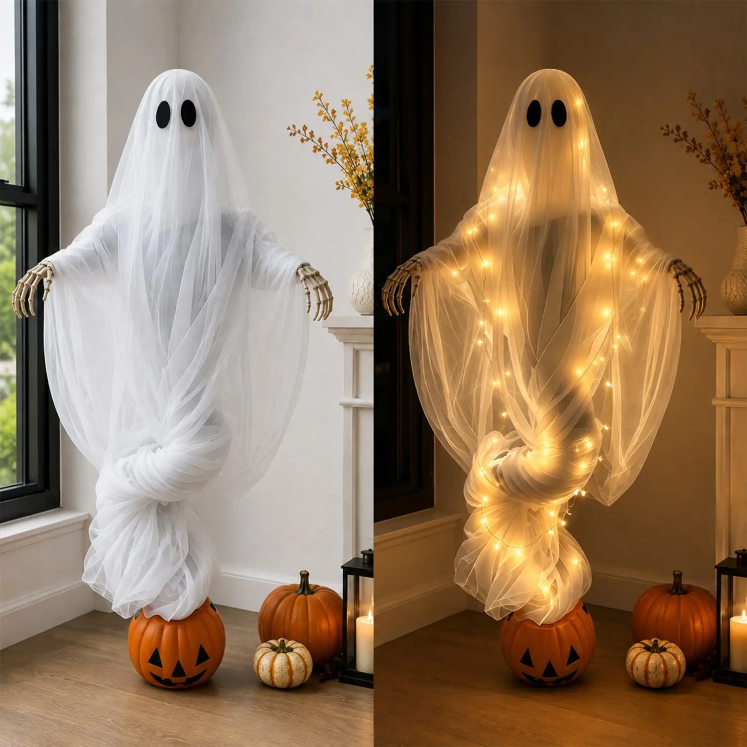 Eine weiße, transparente Ghost-Dekoration mit schwarzen ausgeschnittenen Augen und Skelett-Händen, beleuchtet durch warme Lichterketten – als Halloween-Kürbis-Geist-Lichtdekoration für den Außenbereich im Vorgarten.